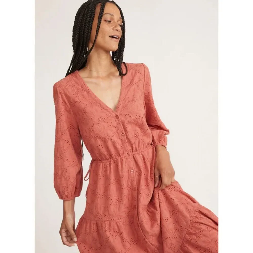 MARINE LAYER Eyelet Willow Midi Dress - Mineral Red Salmon Size Small NWT $168 - Picture 2 of 4